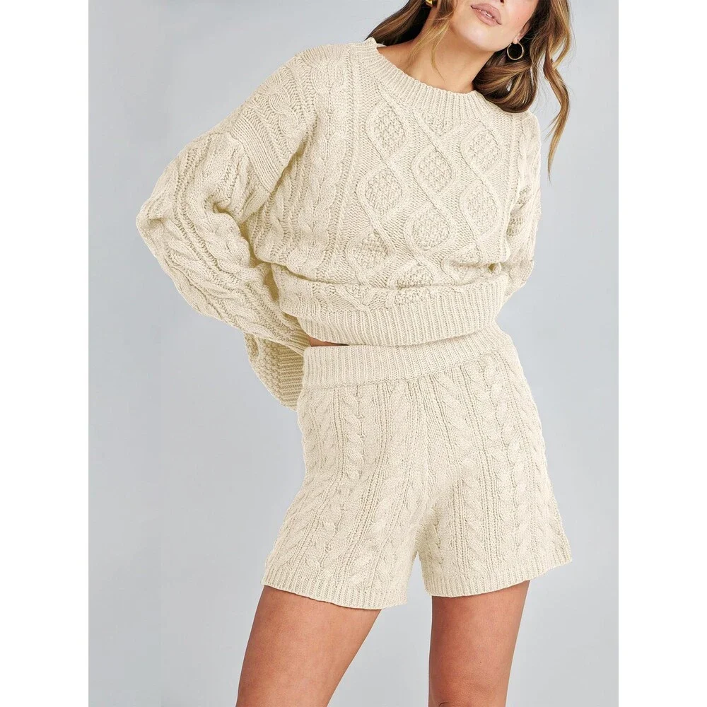 ANRABESS Women's Beige 2 Piece Outfits Sweater Lounge Loungewear Sets 2025 M